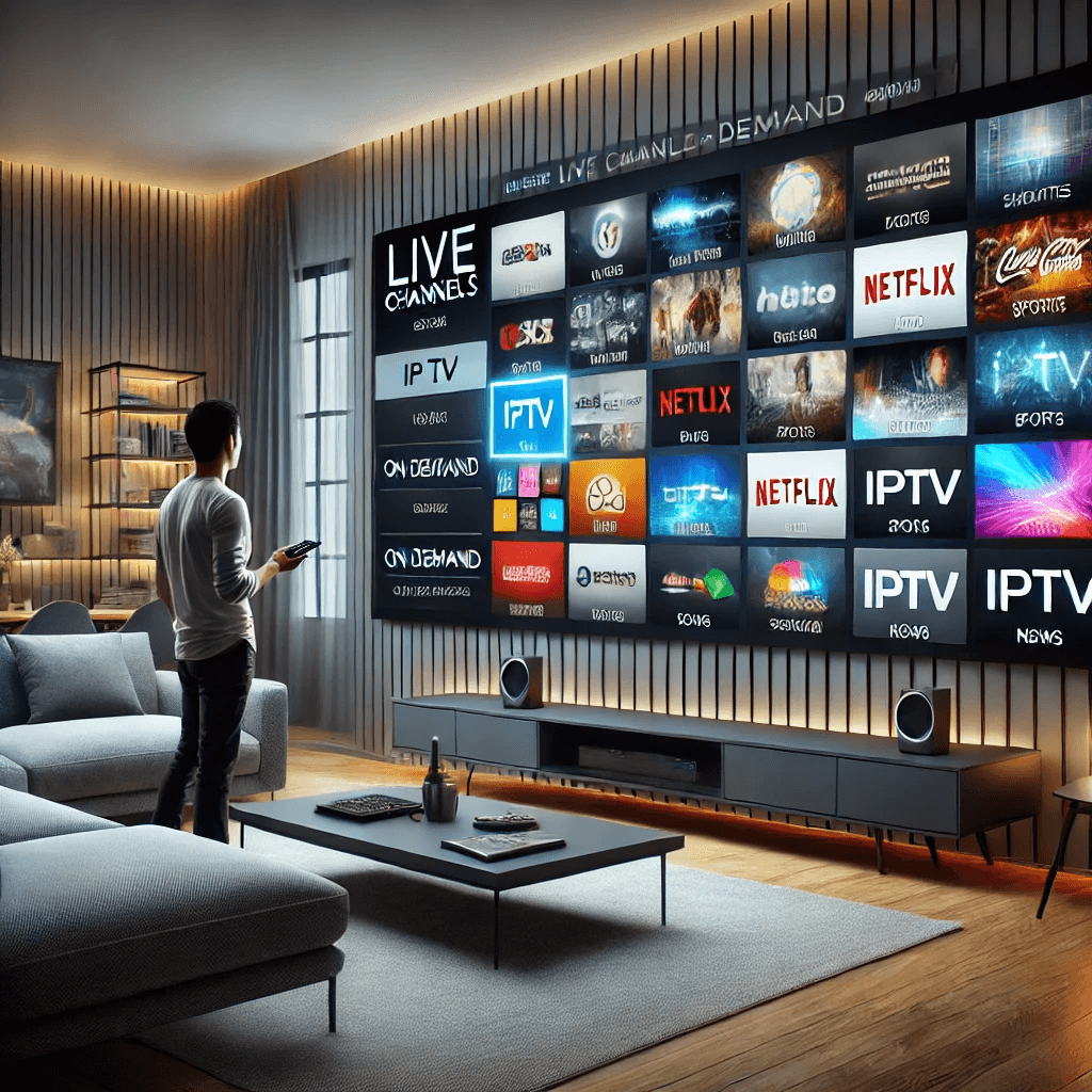 شخص يشاهد محتوى متنوع عالي الجودة على شاشة كبيرة باستخدام خدمة IPTV، مع مرونة في اختيار وقت المشاهدة والمحتوى